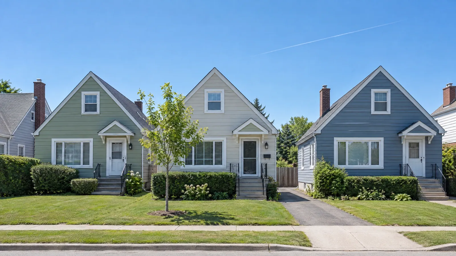 Three small storey-and-a-half houses with steep front gables, painted siding and one front picture window each, on a sunny summer street