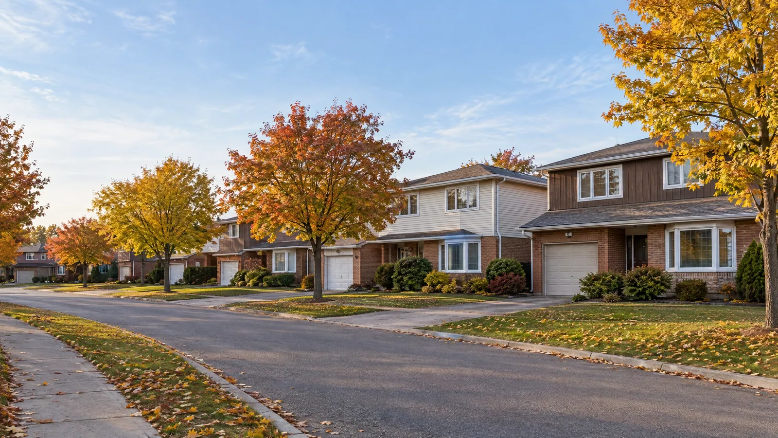 Curving suburban crescent of two-storey brick and siding houses with attached garages and bay windows under orange and yellow autumn maples