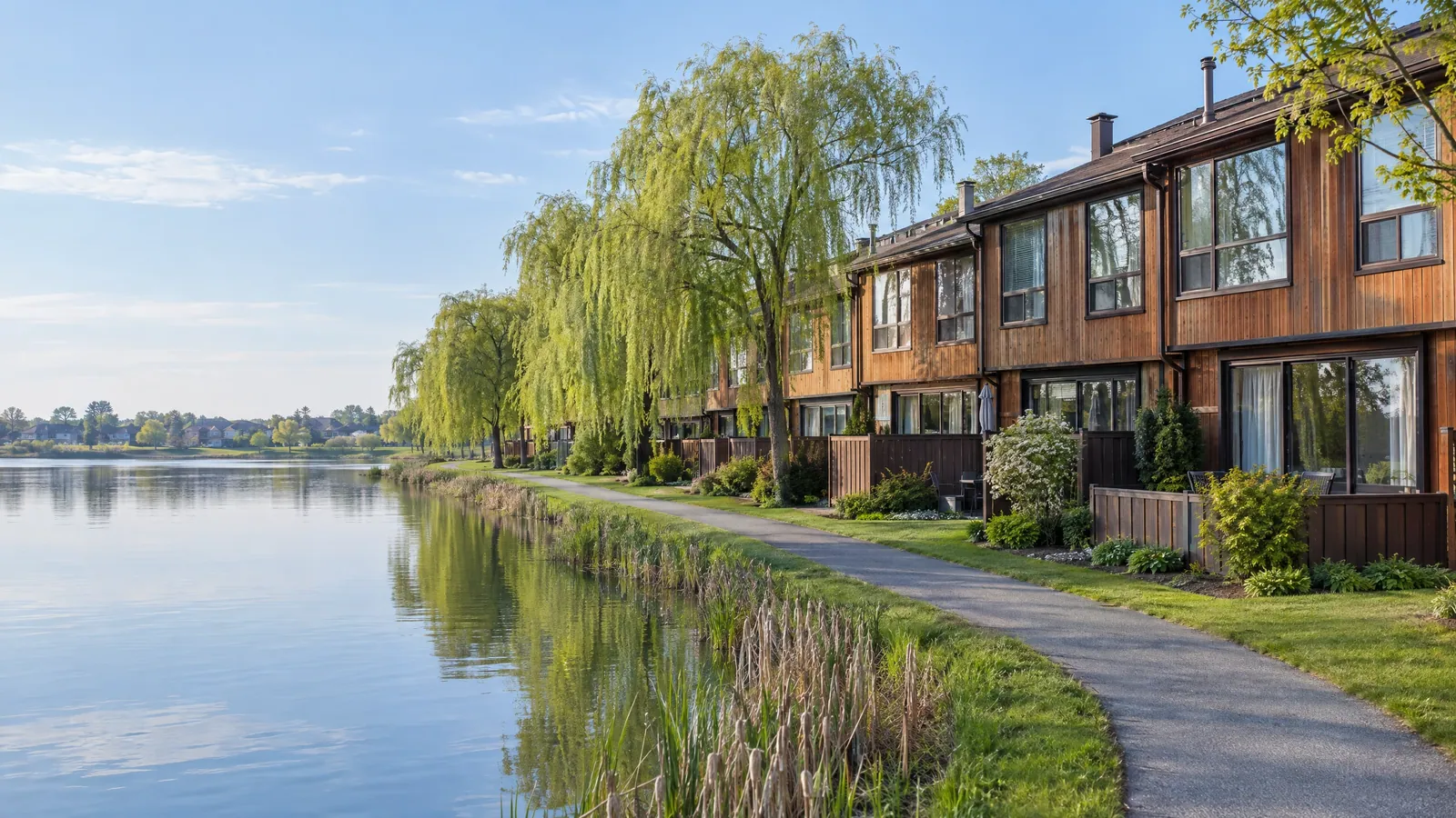 Row of cedar-sided townhouses with large windows and ground-floor sliding doors along a paved path beside a lake and weeping willows in spring