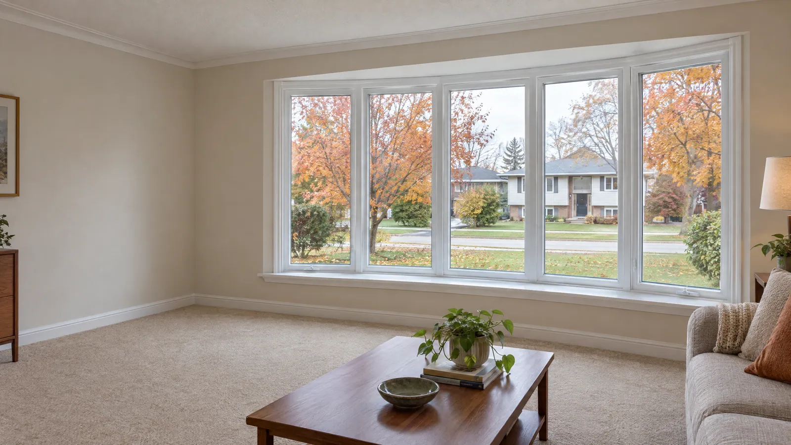 1970s backsplit living room with a white bow window facing autumn maples