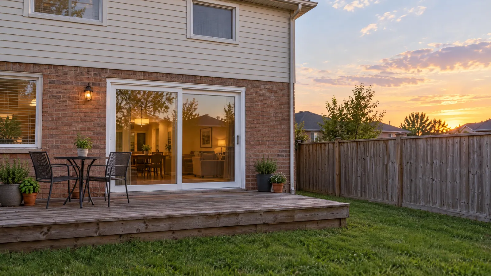 Brick house at dusk with a white sliding patio door opening onto a cedar deck