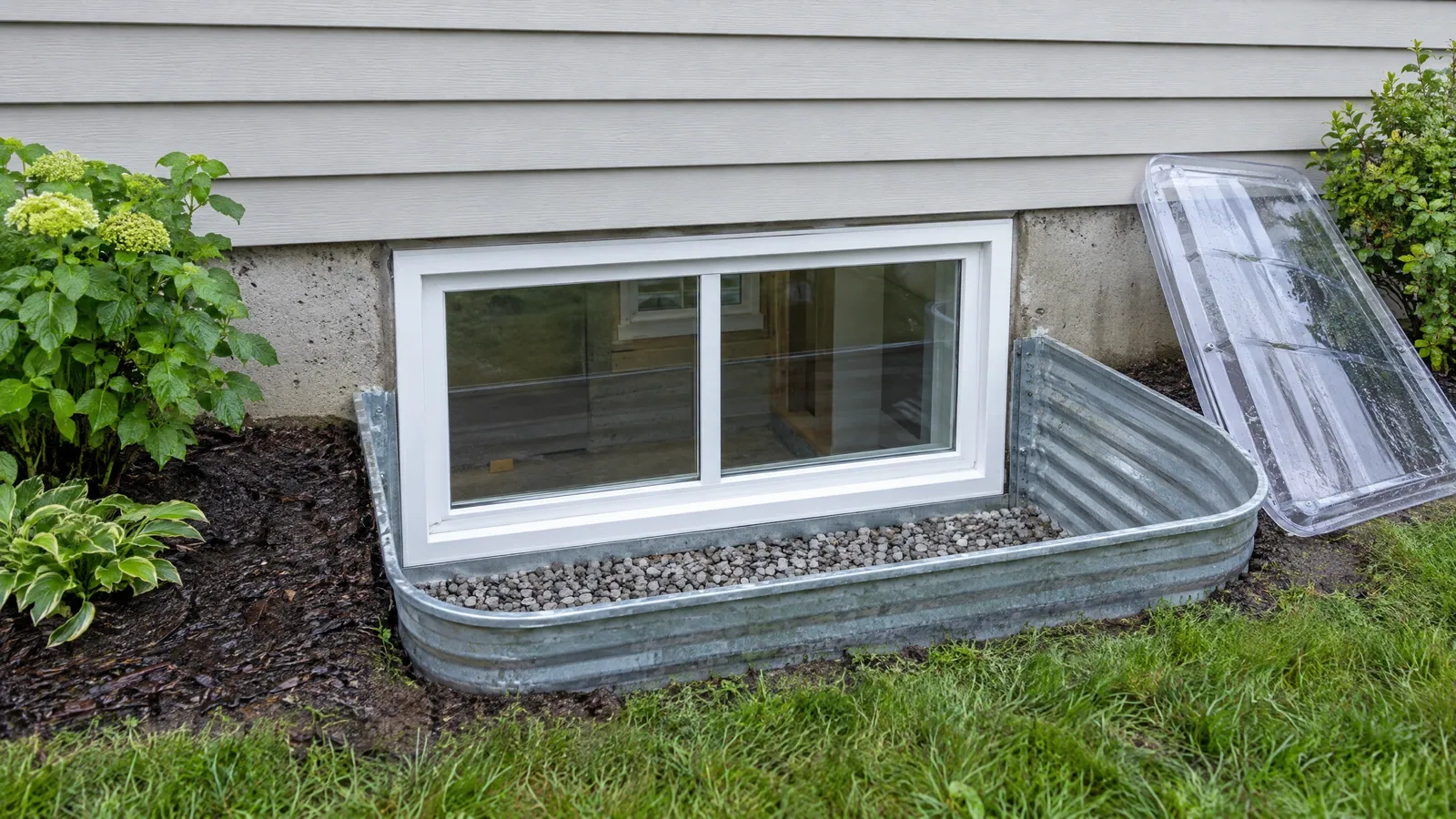 White basement slider window set in a galvanized steel window well with a gravel floor, a clear well cover leaning beside it after rain