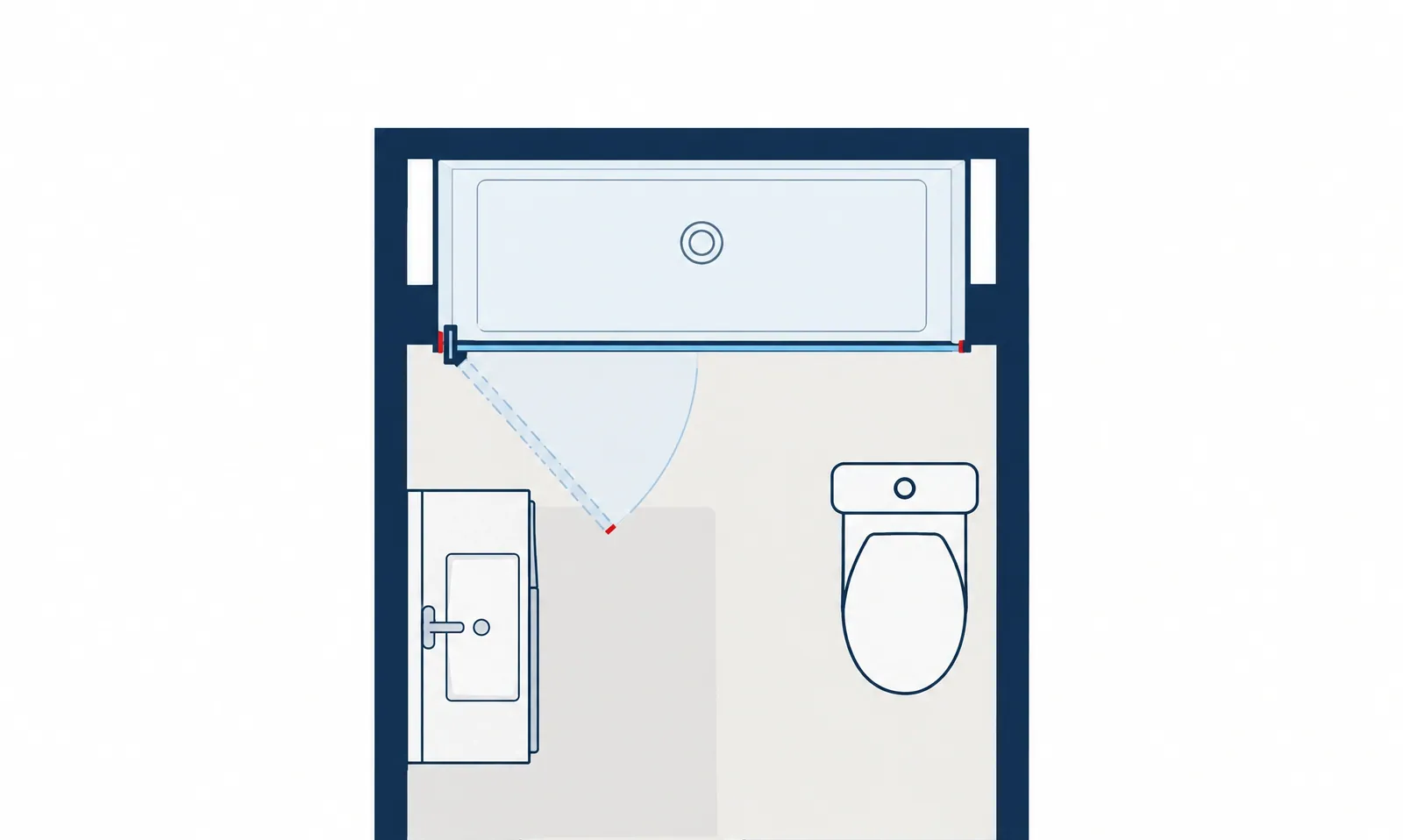 Floor plan of a small bathroom: a hinged glass bath screen on the tub swings into the room and clears the vanity and toilet