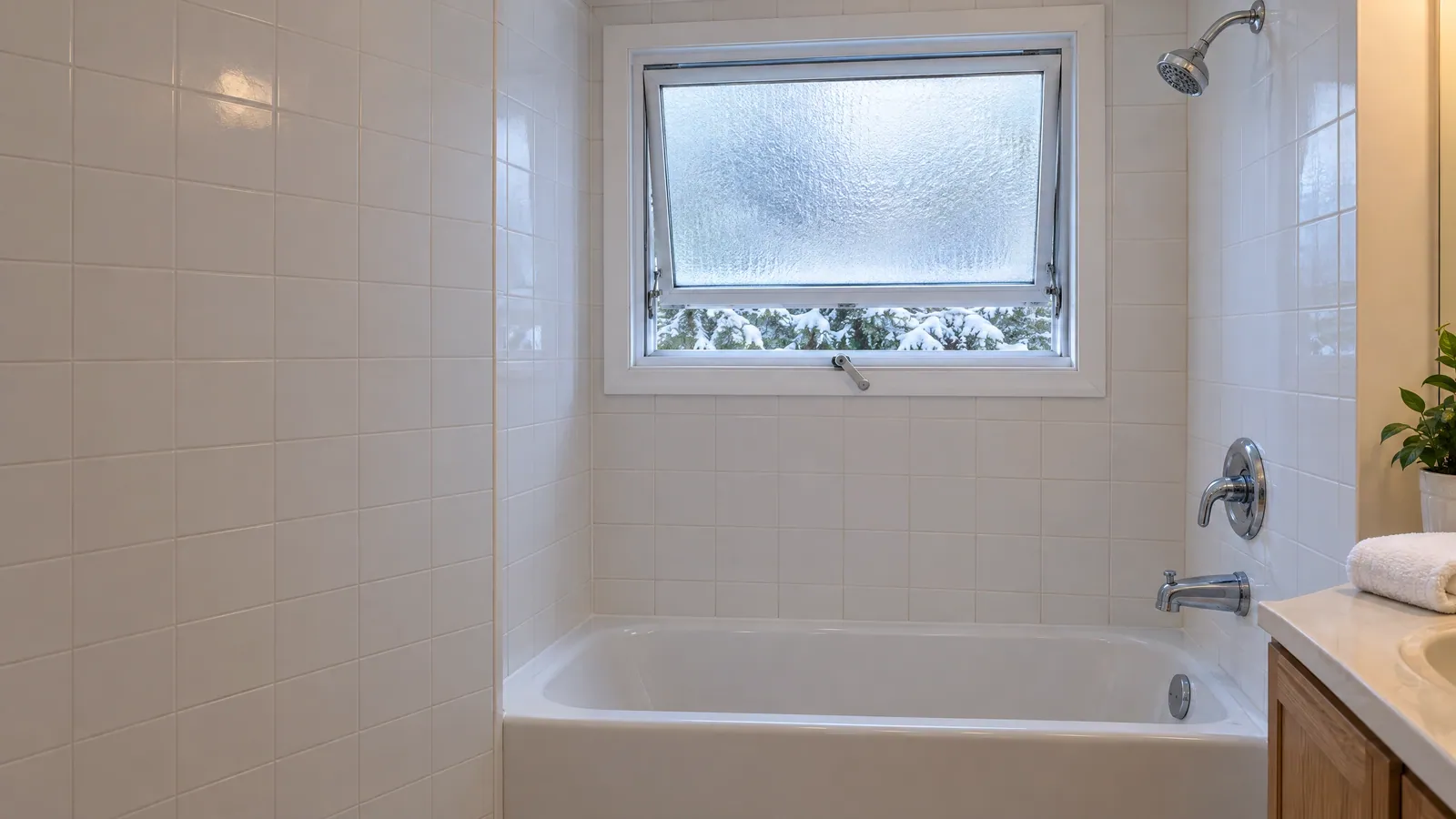 Awning window with textured obscure glass above a bathtub, hinged at the top and cranked open at the bottom, with snowy evergreens outside