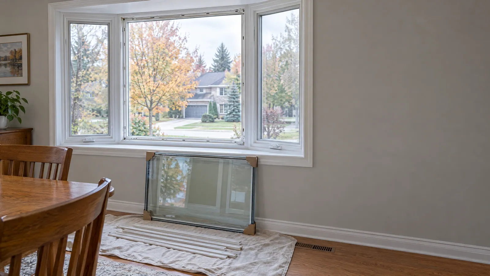 Dining room bay window with the centre glass removed, and a new sealed unit with corner protectors leaning against the wall below the sill beside the removed glazing stops