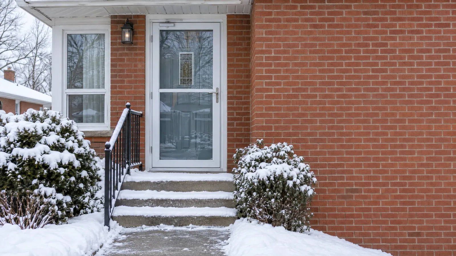 Front entry of a 1950s brick bungalow with a white full-view storm door above snowy steps