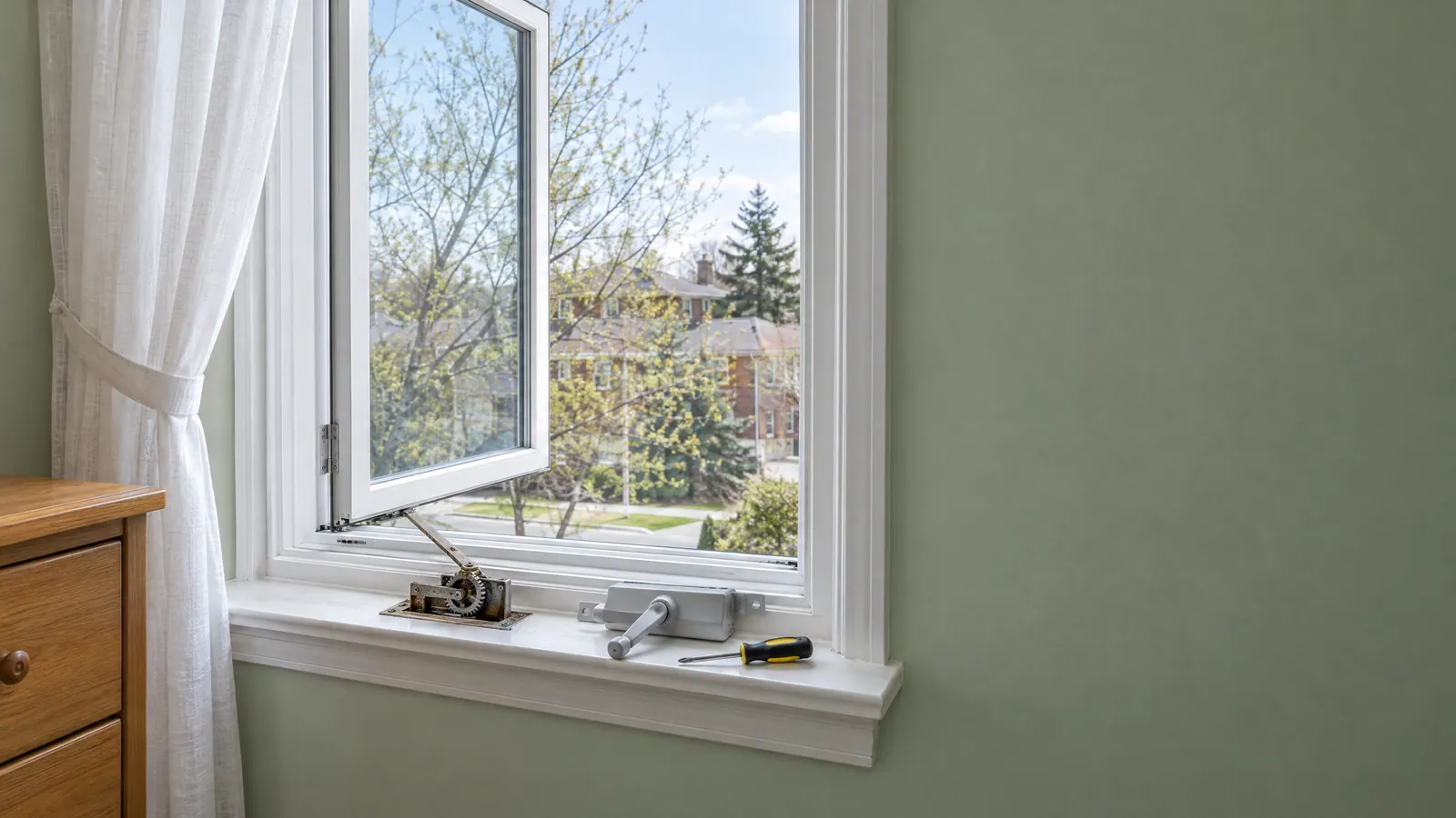 Bedroom casement window with the cover off its crank operator and a new operator waiting on the sill