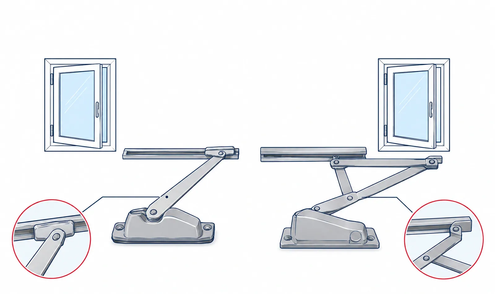 Drawing of two casement operators, one with a single sliding arm and one with a split double arm, with close-ups of where each meets the sash