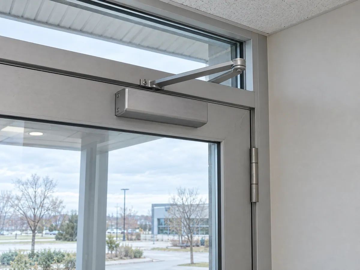 Brushed aluminum surface closer and arm on the top rail of a glass entrance door, with a butt hinge on the frame and a parking lot outside