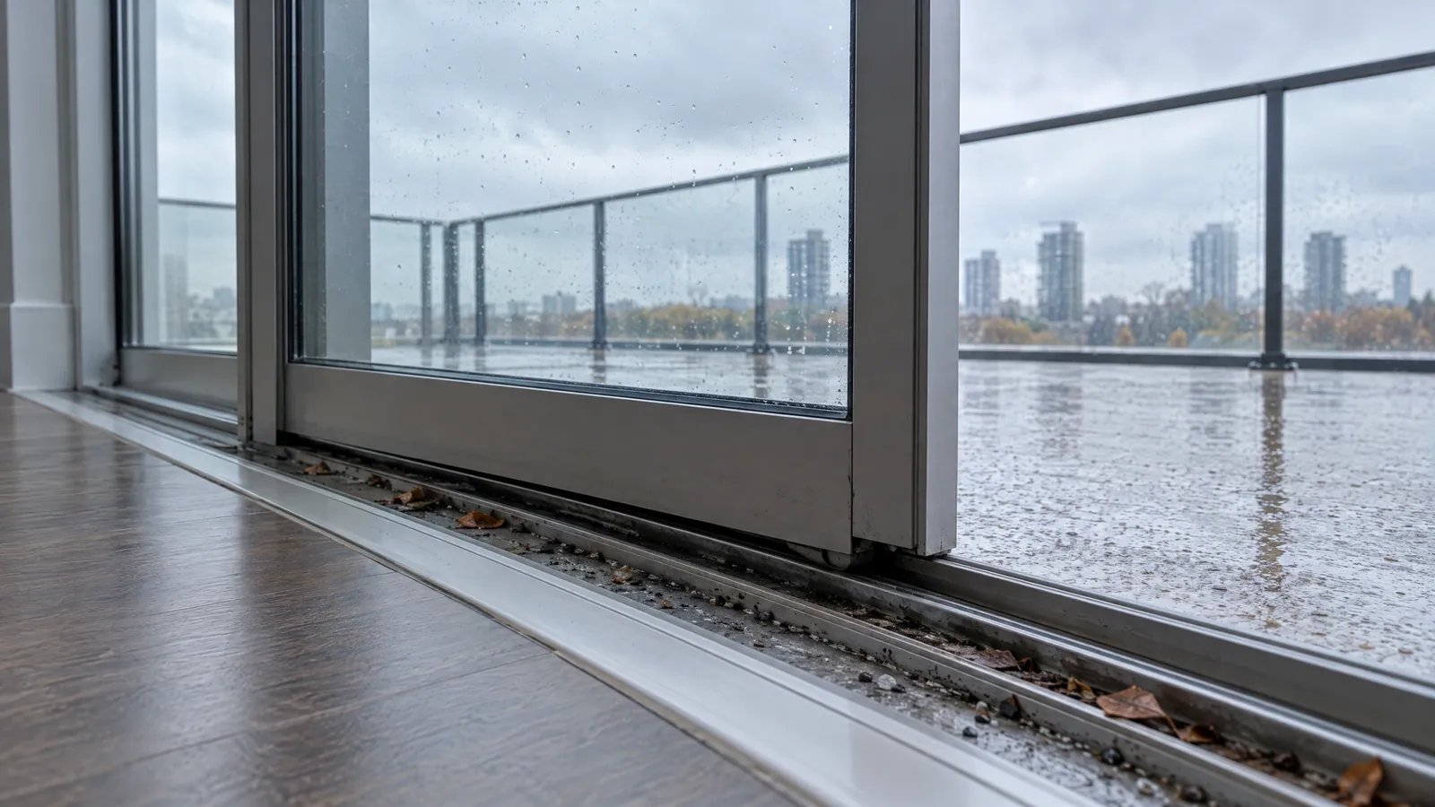 Condo balcony door sill track with grit and wet leaves, rain on the balcony beyond