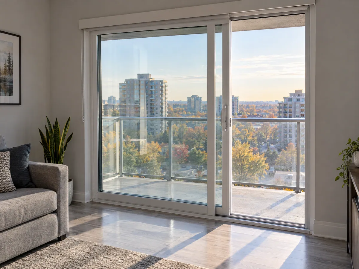 Tower suite with a white aluminum balcony sliding door partly open onto a glass-guarded balcony in autumn