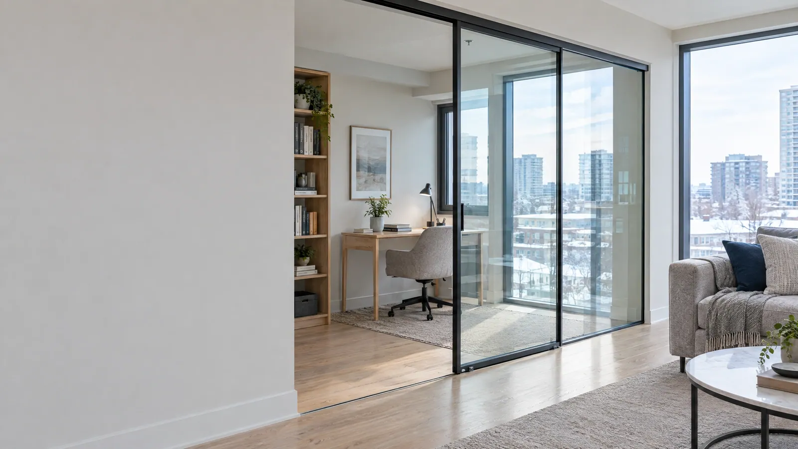 Condo den set up as a home office behind a black-framed sliding glass partition, with the living room and city towers through the window beyond