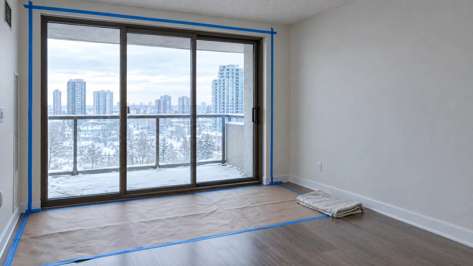 Empty condo living room with brown paper floor protection taped down in front of a bronze-framed balcony sliding door, with towers and a snowy view outside