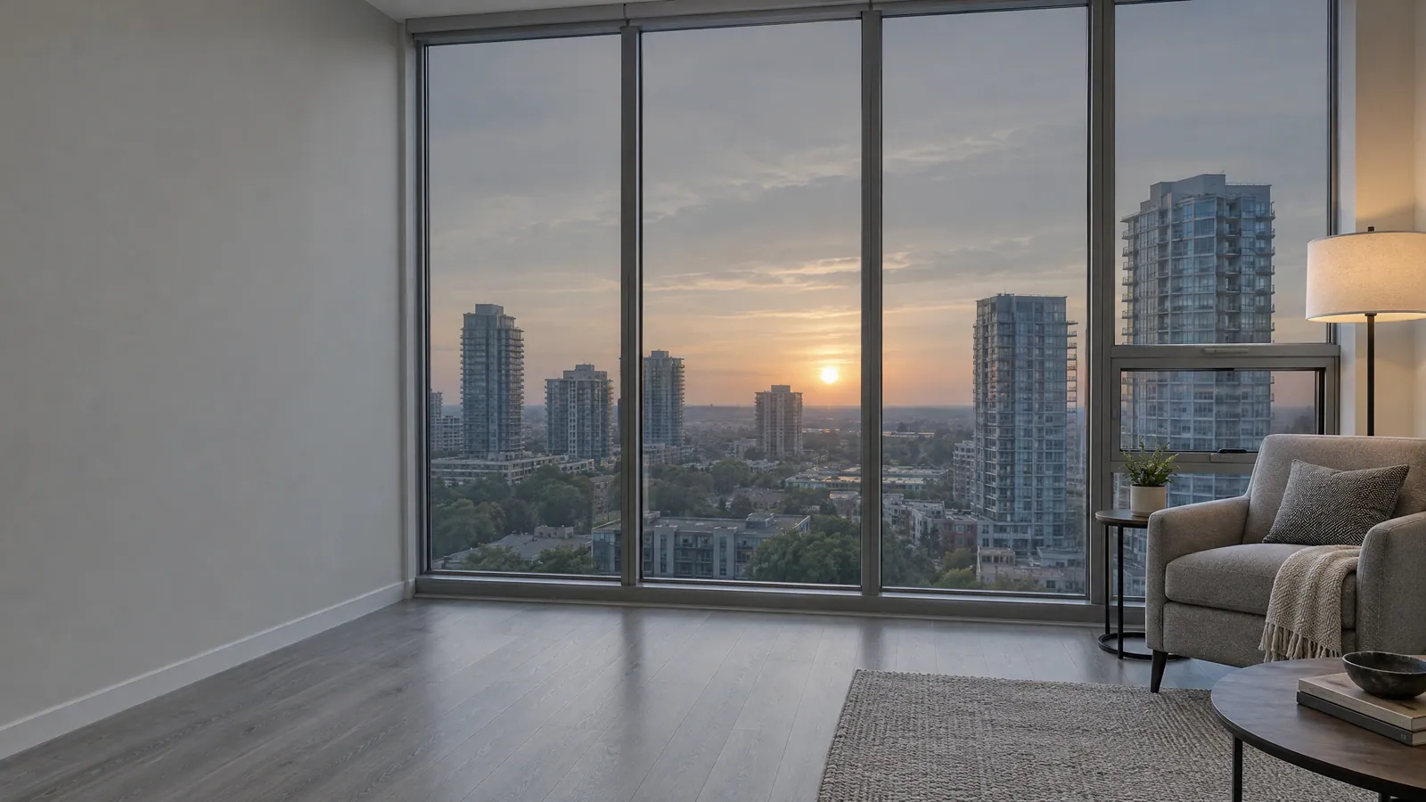 Condo living room with floor-to-ceiling windows facing a low sunset over neighbouring towers, the glass toned by solar film