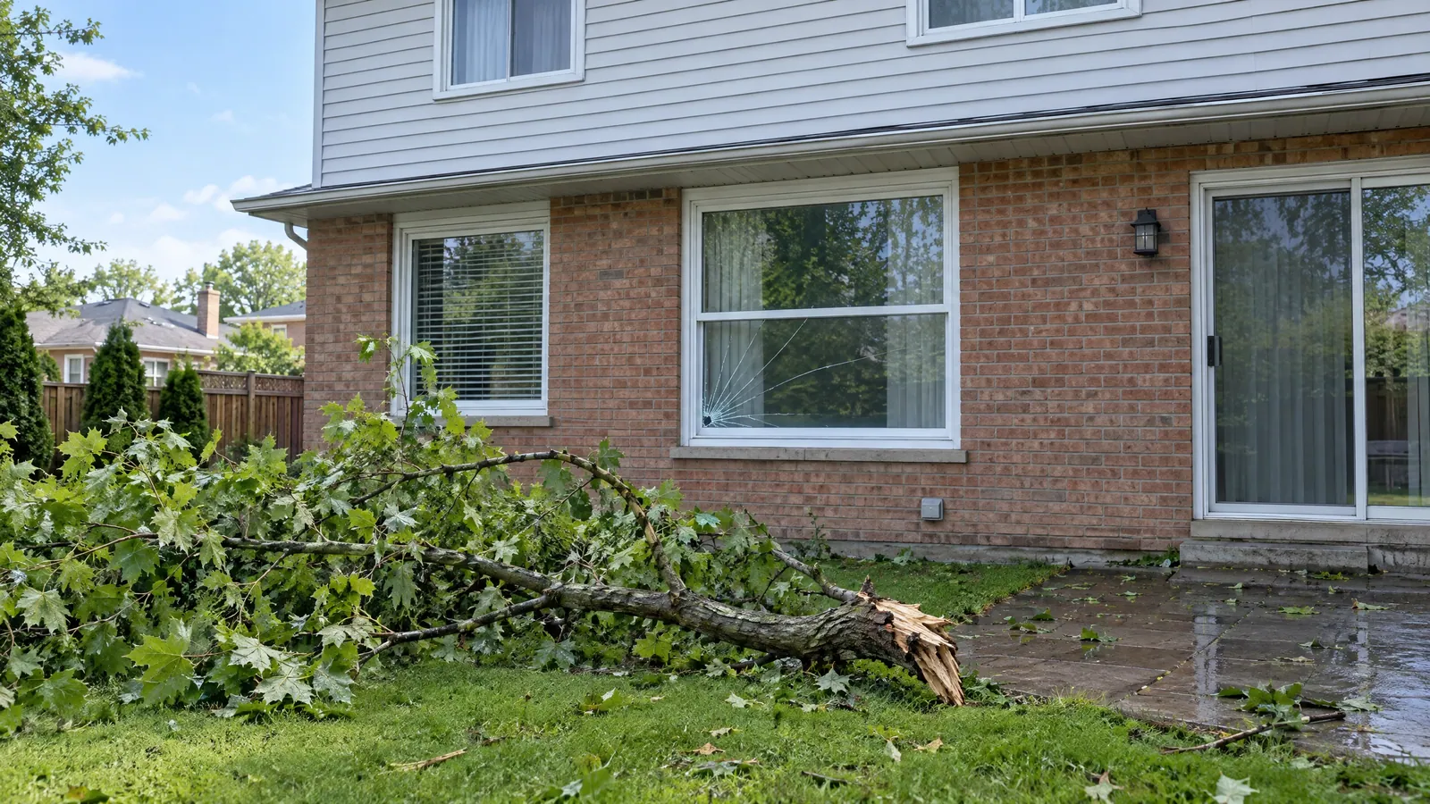 Back of a brick house after a windstorm, a fallen maple limb on the lawn below a cracked window pane