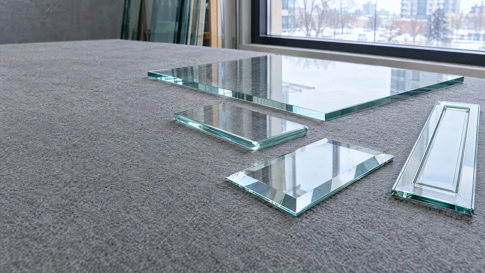 Custom-cut clear glass on a grey felt workbench: a large flat-polished panel, a pencil-edged piece and two bevelled pieces
