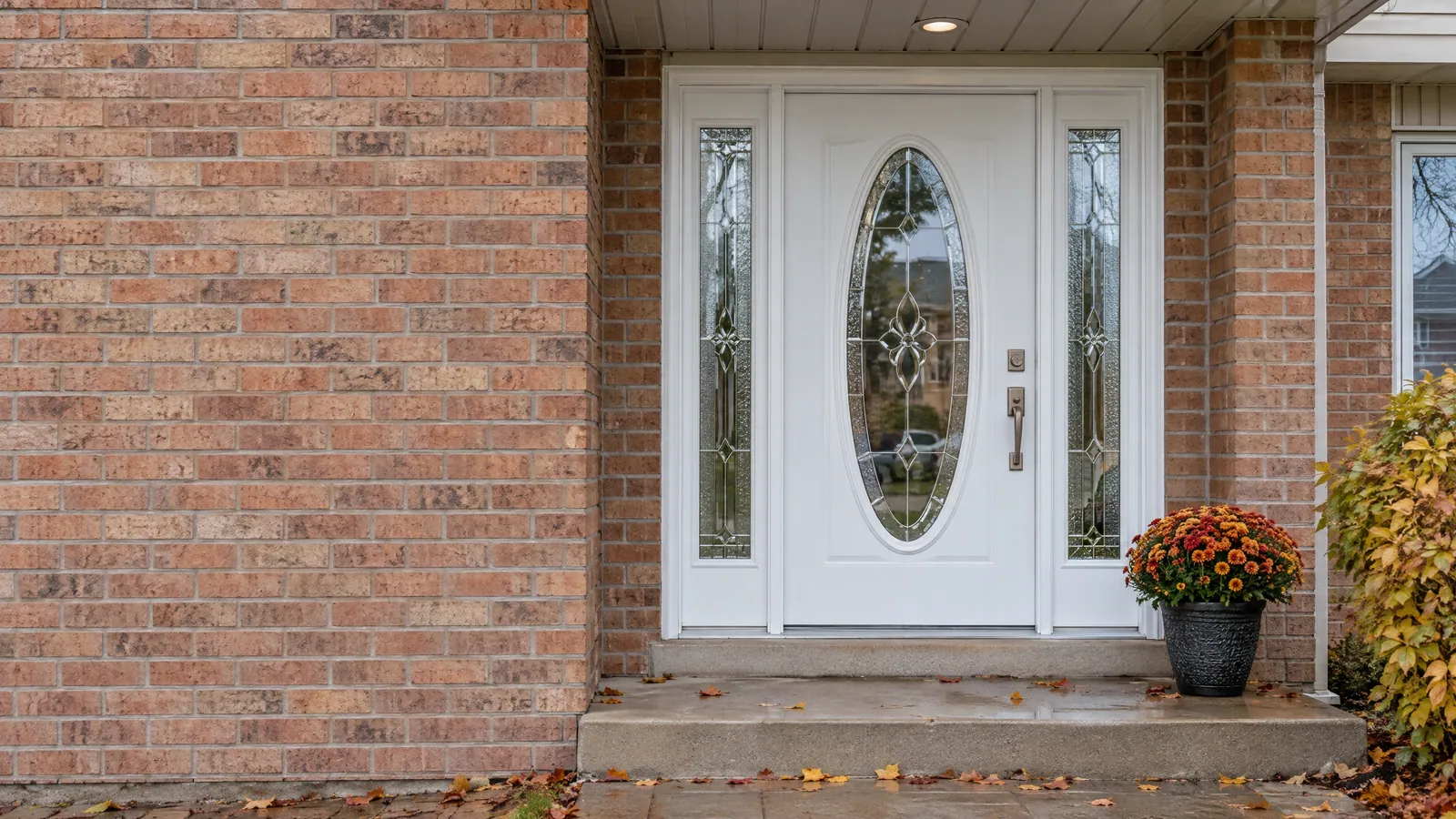 White steel front door with an oval decorative glass insert and two matching sidelights in a brick wall