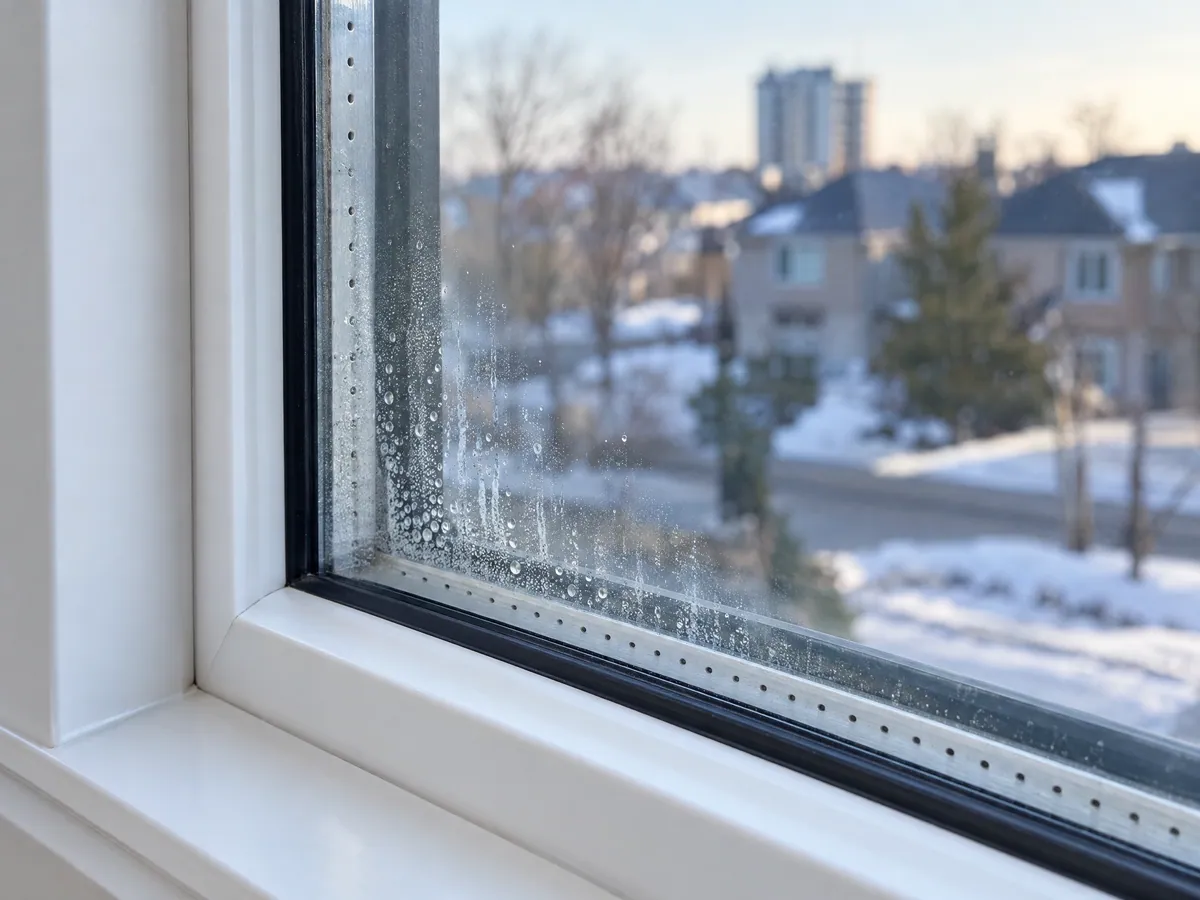 Close-up of droplets and white mineral streaks trapped between two panes, just above the aluminum spacer bar