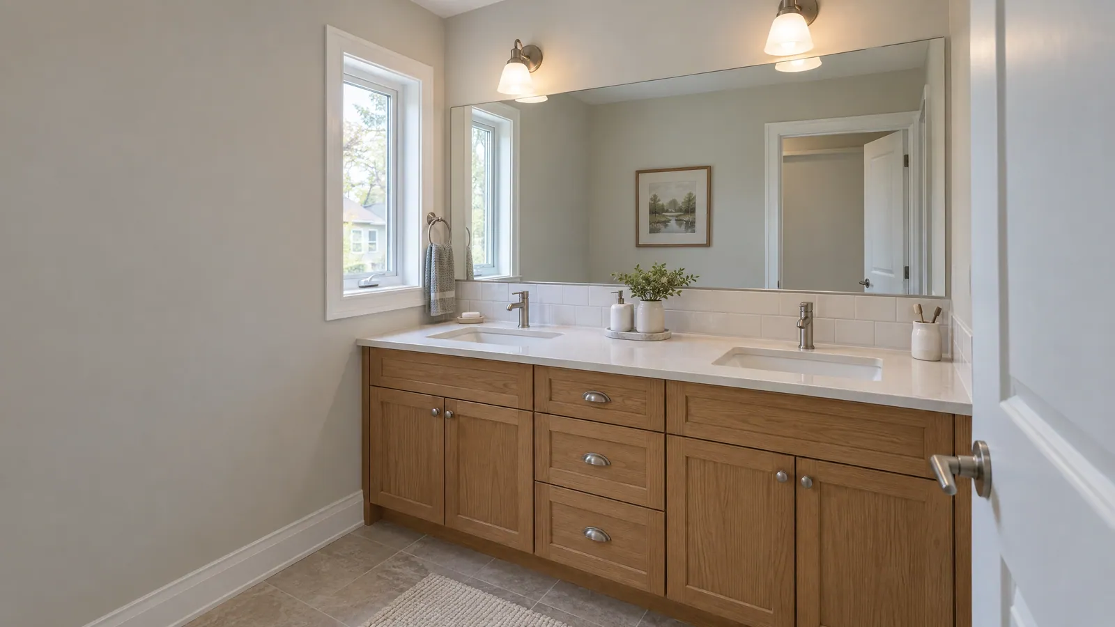 Large frameless mirror spanning a wood double vanity with two sinks, with wall sconces above and a window to one side
