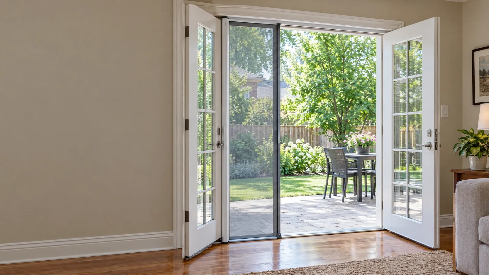 French doors open to a summer patio with a retractable screen pulled halfway across the opening