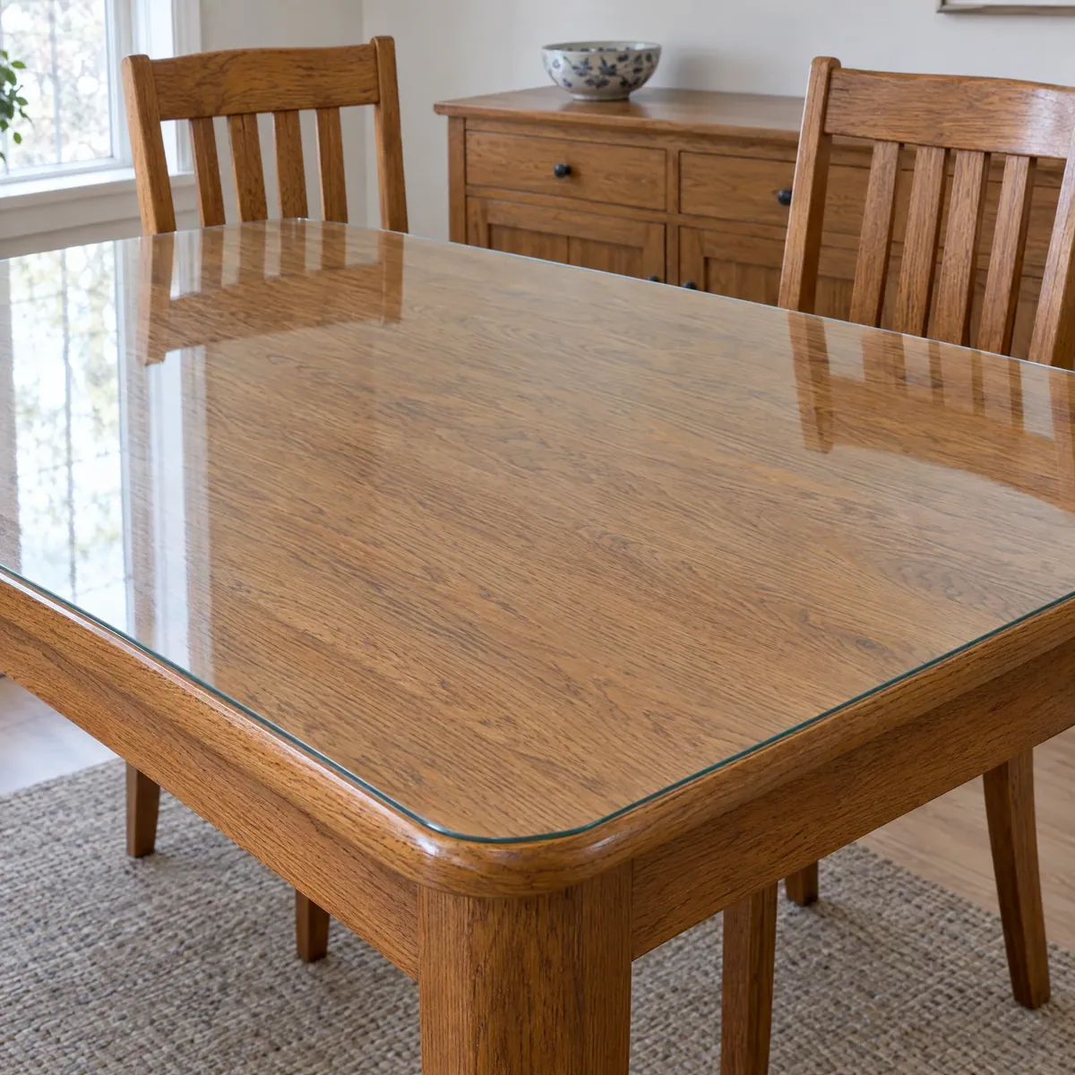 Oak dining table with a clear glass top protector reflecting the chairs