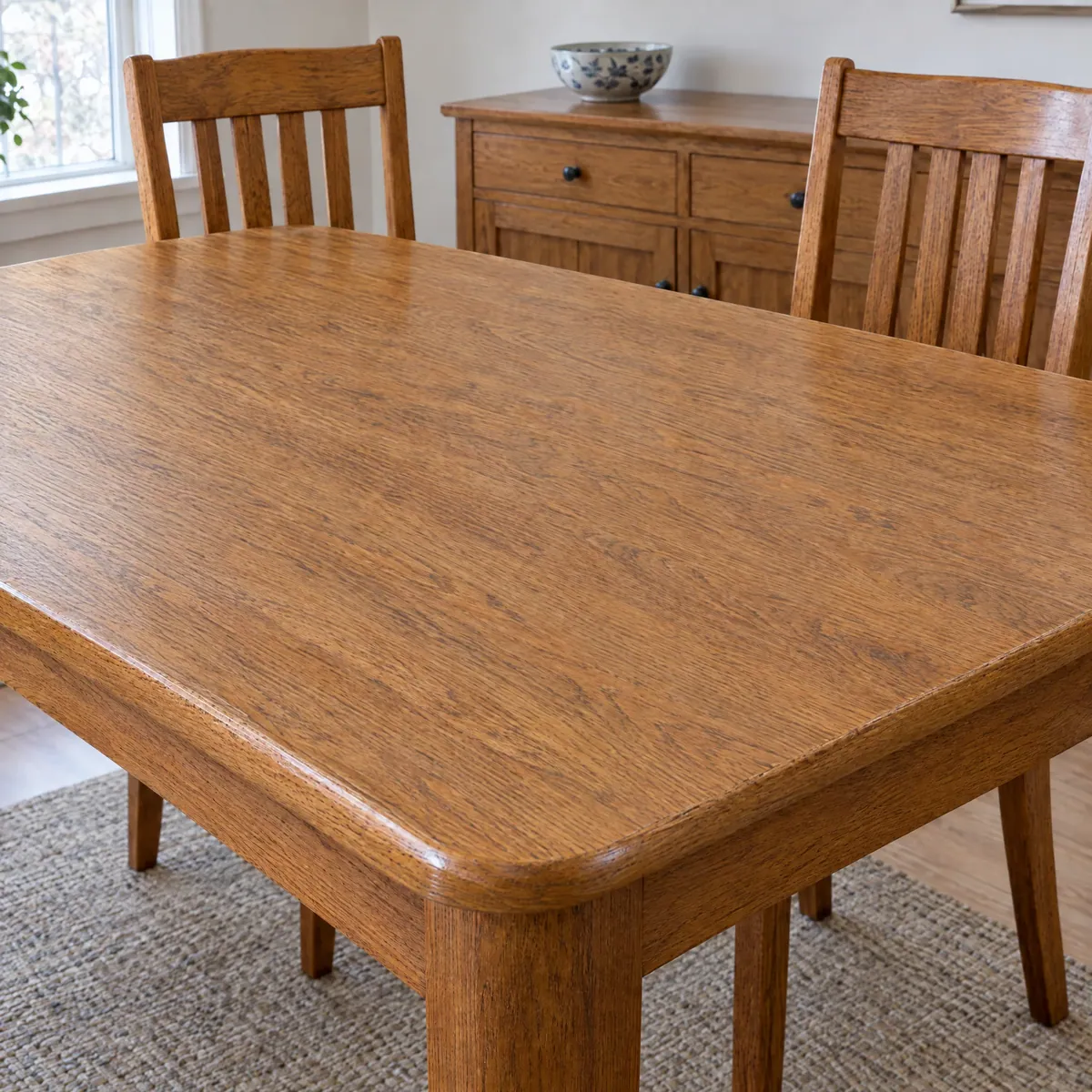 Bare oak dining table top without a glass protector