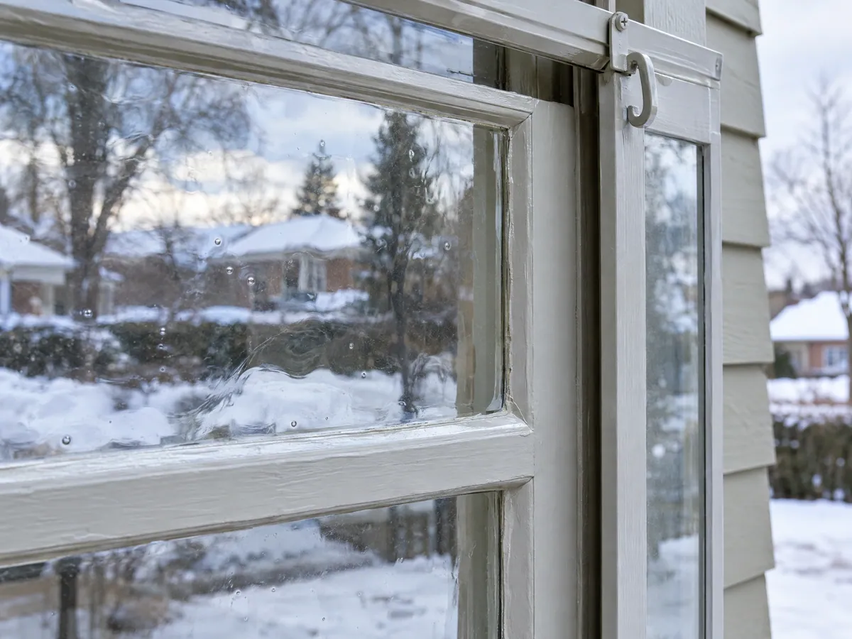 Close-up of an old painted wood sash with slightly wavy glass and putty glazing, with a wood storm window hooked open outside and snow in the yard