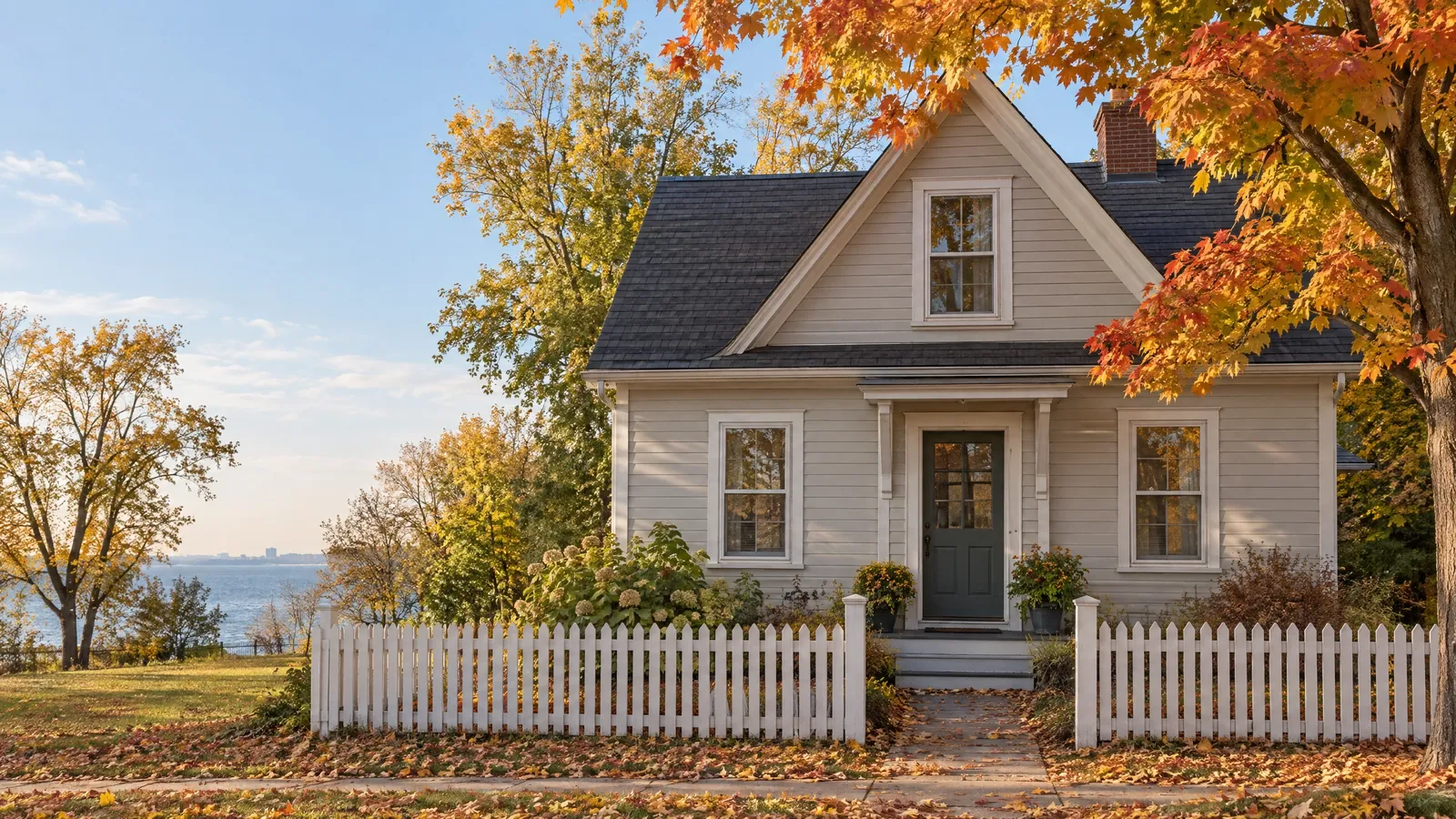 Pale clapboard cottage with wood double-hung windows and wood storm windows, a green front door and a white picket fence, autumn maples around it and the lake beyond