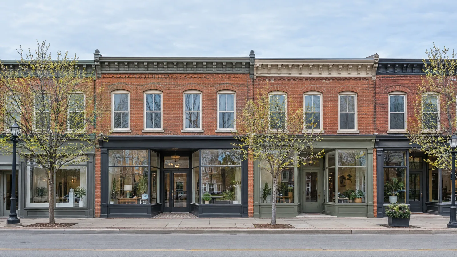 Row of two-storey red-brick main-street buildings with tall arched upper windows above wide glass shopfronts and young street trees in early spring