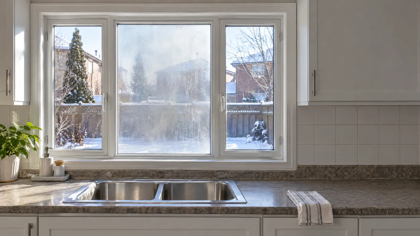 Kitchen sink window in winter, its fixed centre pane hazy with fog between the glass while the casements beside it stay clear