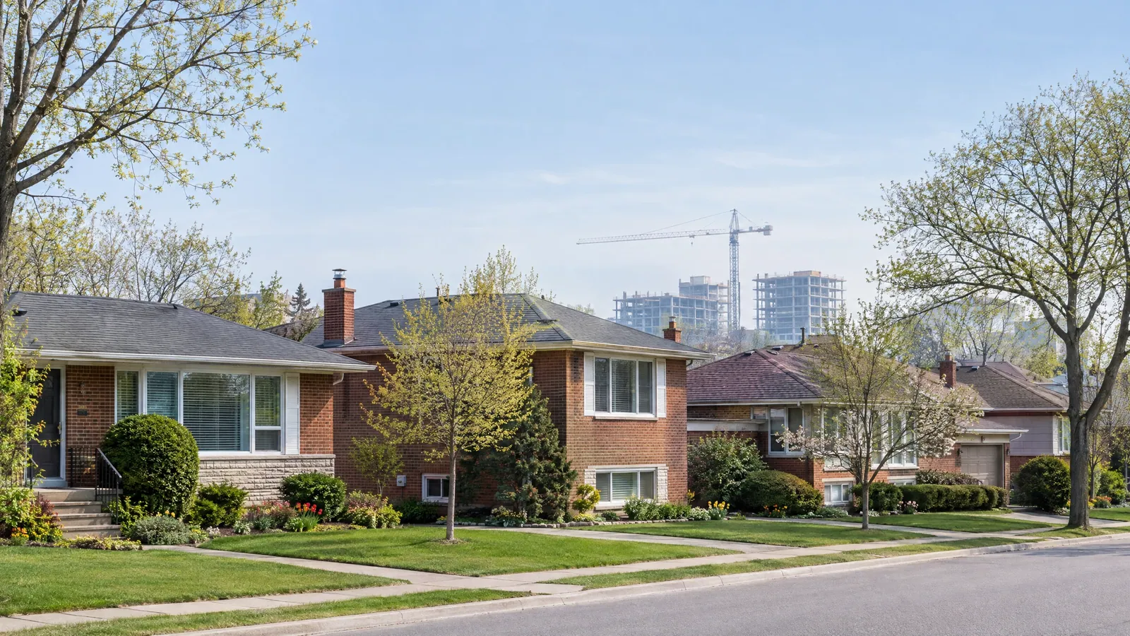 Street of established brick bungalows and a split-level house on a spring morning, with a tower crane and new mid-rise buildings rising behind them