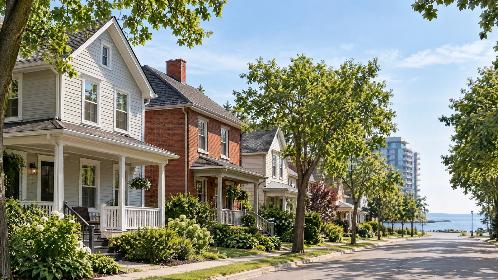 Summer street of old clapboard and red-brick houses with front porches, with a newer condo tower beside the lake at the end of the road