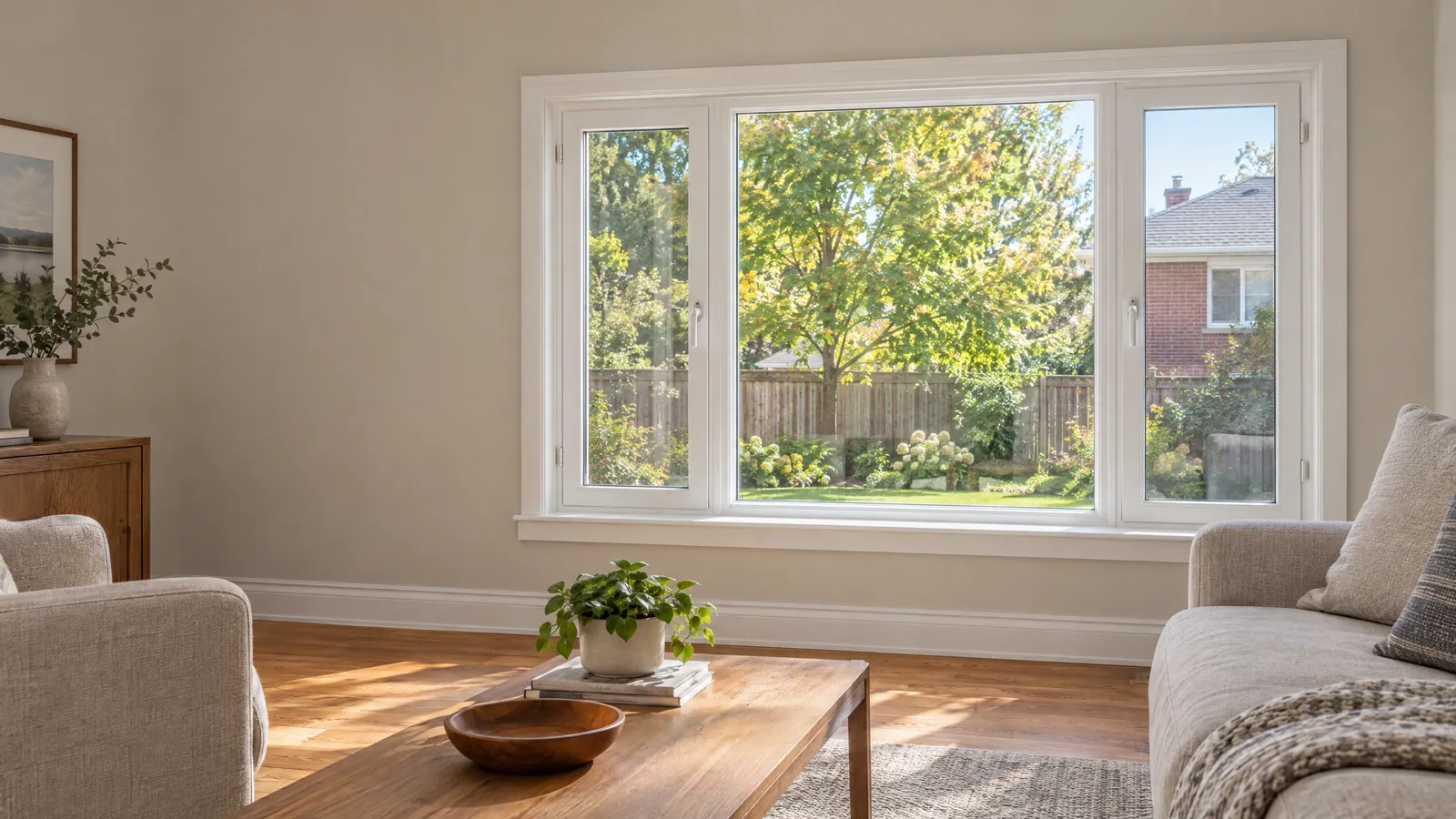 Living room with a wide white picture window and casement looking out onto a fenced backyard garden