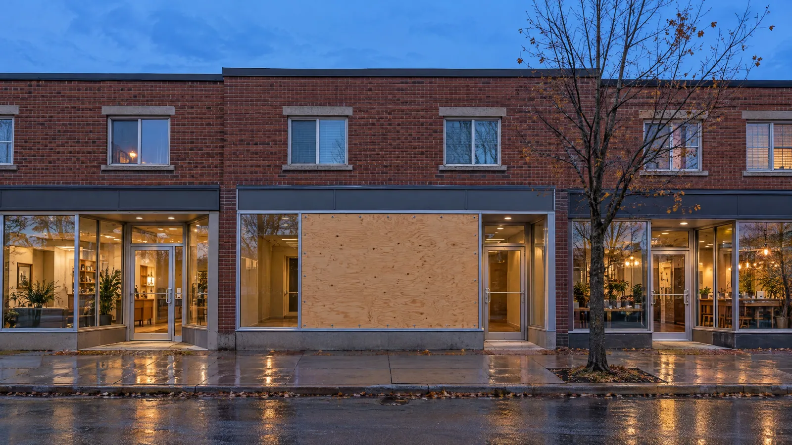 Brick shopfronts with flats above, lit from inside in the evening, with the middle display window sheeted in plywood and rain on the pavement