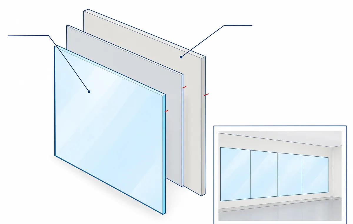 Exploded diagram of a mirror pulled away from a backing layer and the wall, with an inset of a wall covered by four mirror panels
