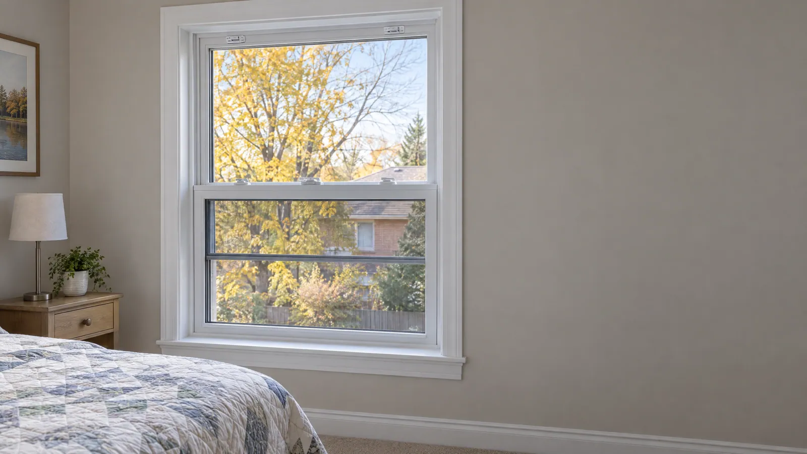 New white vinyl double-hung window in a bedroom, lower sash slightly raised behind a half screen, with yellow autumn leaves outside