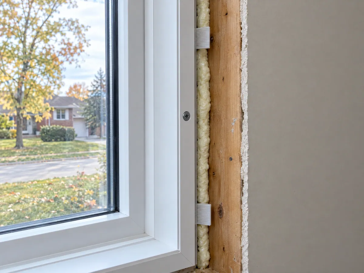Close-up of a new vinyl window jamb set in its rough opening, with shims and low-expansion foam filling the gap
