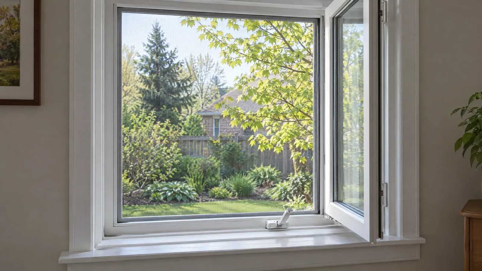 Open white casement window with its insect screen in place, looking onto a spring garden