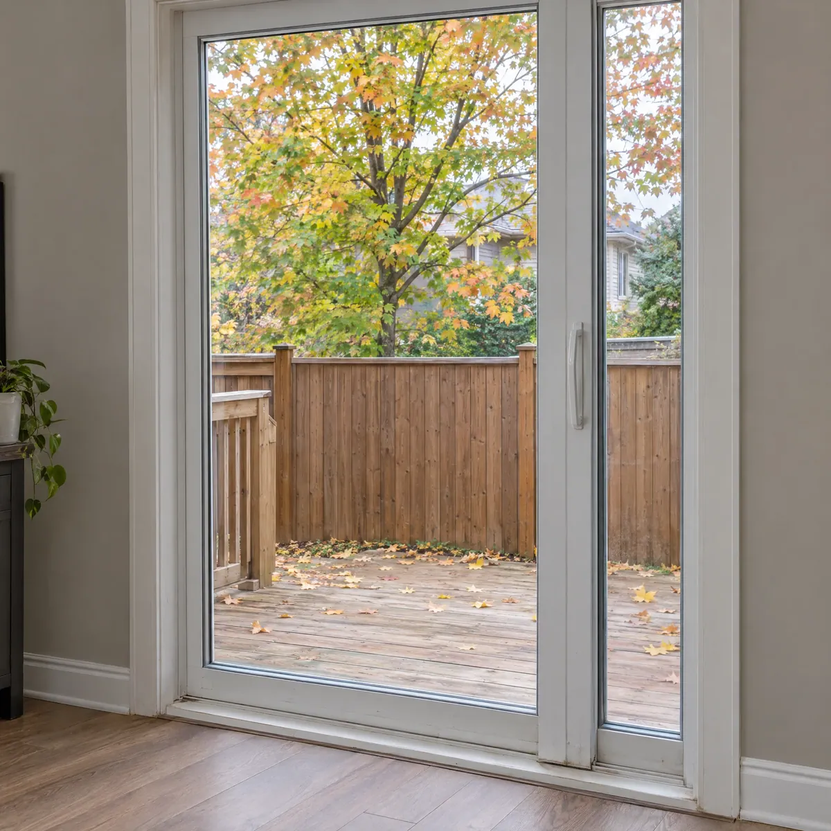 White sliding patio door with clear glass looking onto a wood deck