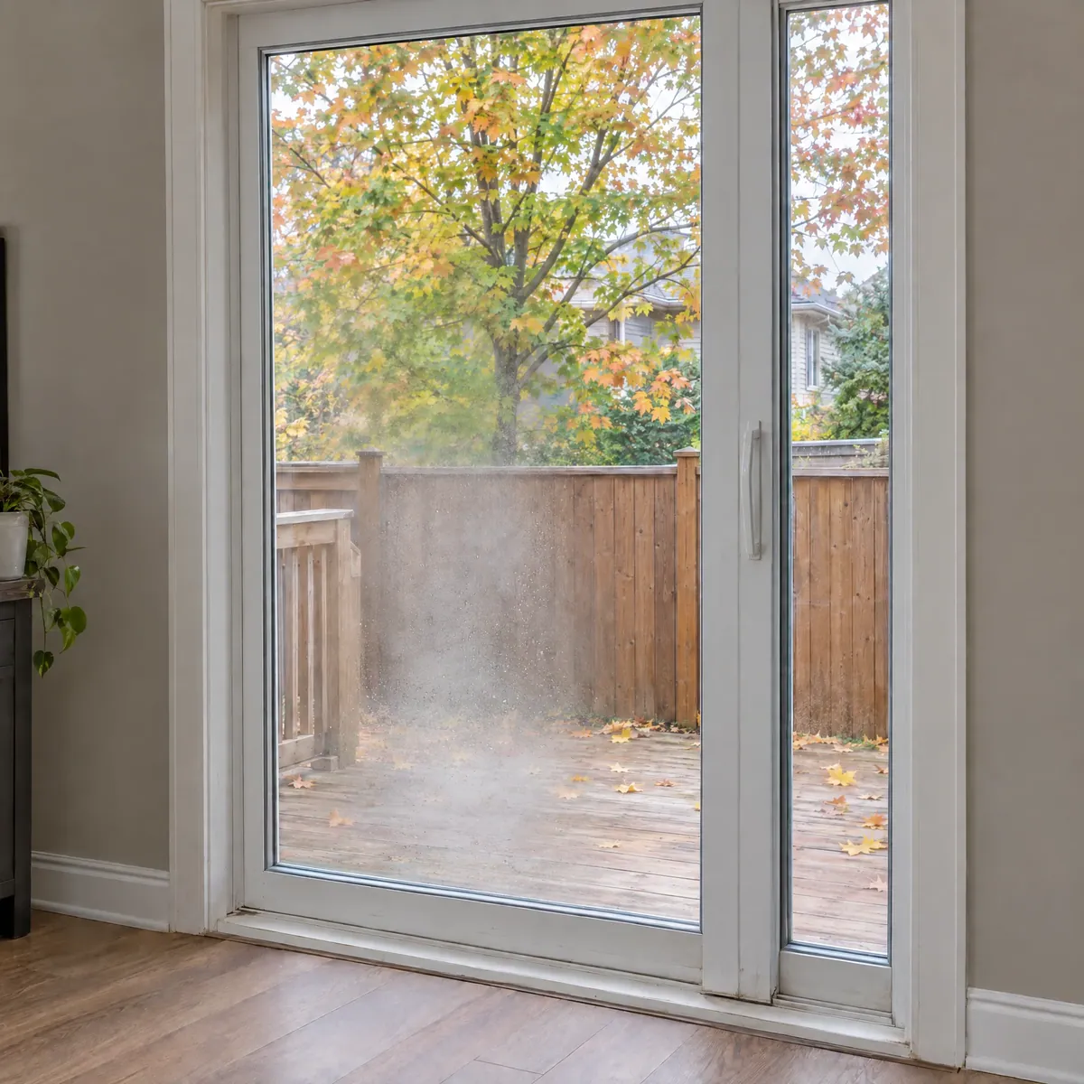 White sliding patio door with a fogged fixed panel looking onto a wood deck
