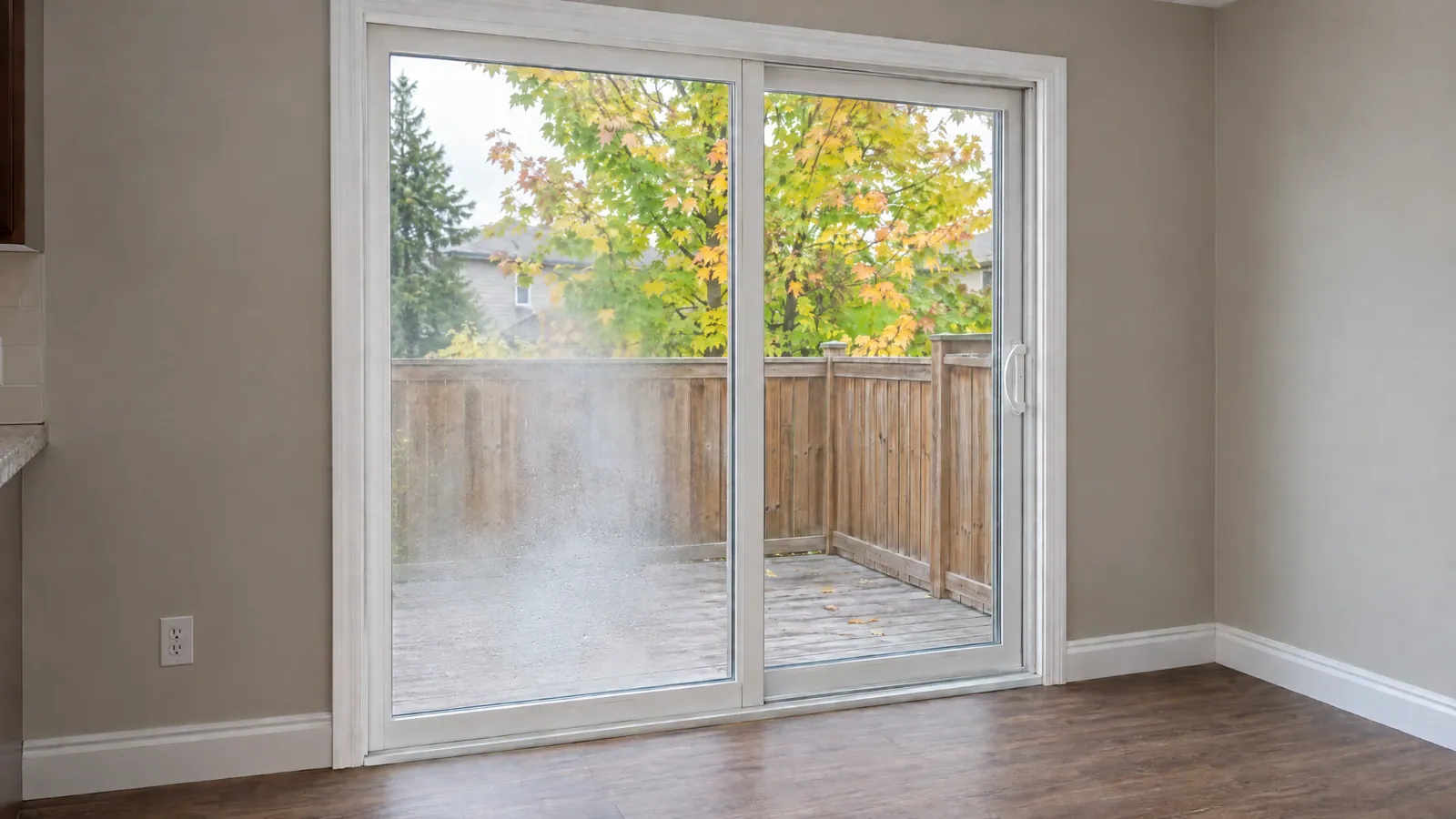 White sliding patio door whose fixed left panel is fogged between the panes, looking onto a wood deck