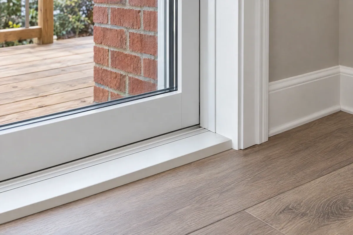 New white patio door frame and threshold with fresh interior trim meeting a wood-look floor