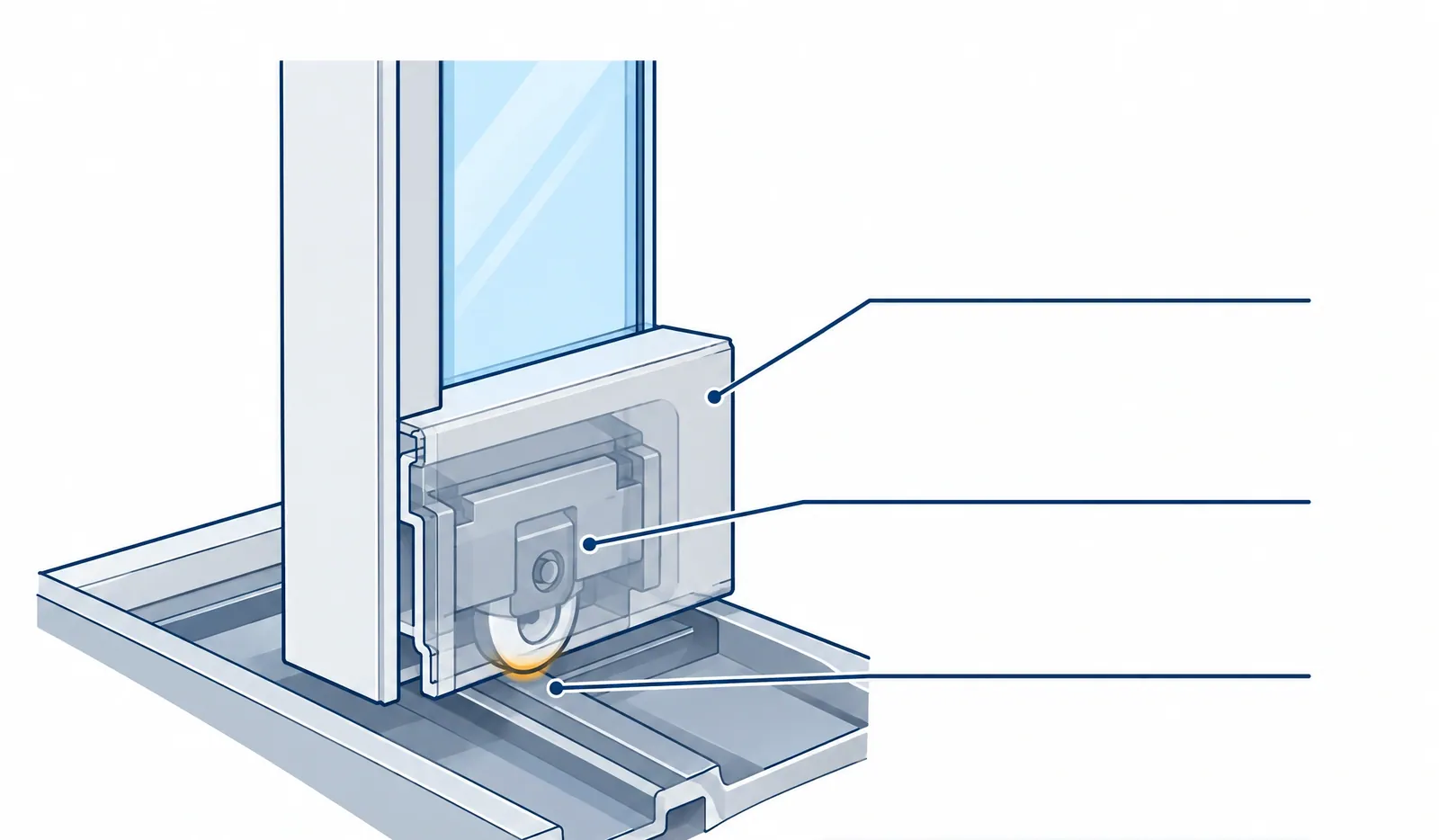 Cutaway of a sliding door's bottom rail, with the roller wheel resting on the raised track