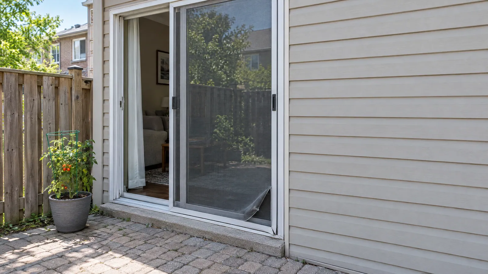 Sliding patio screen door on a townhouse, its mesh pulled loose from the lower corner of the frame
