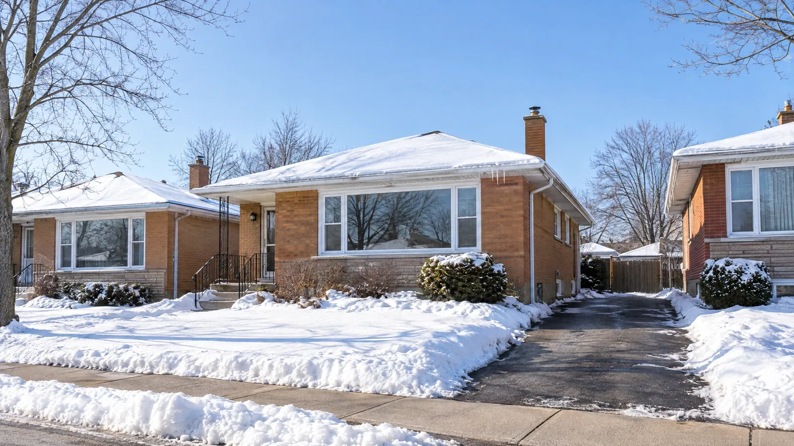 Street of low brick bungalows with wide front picture windows and cleared driveways after a heavy snowfall, under a clear blue winter sky
