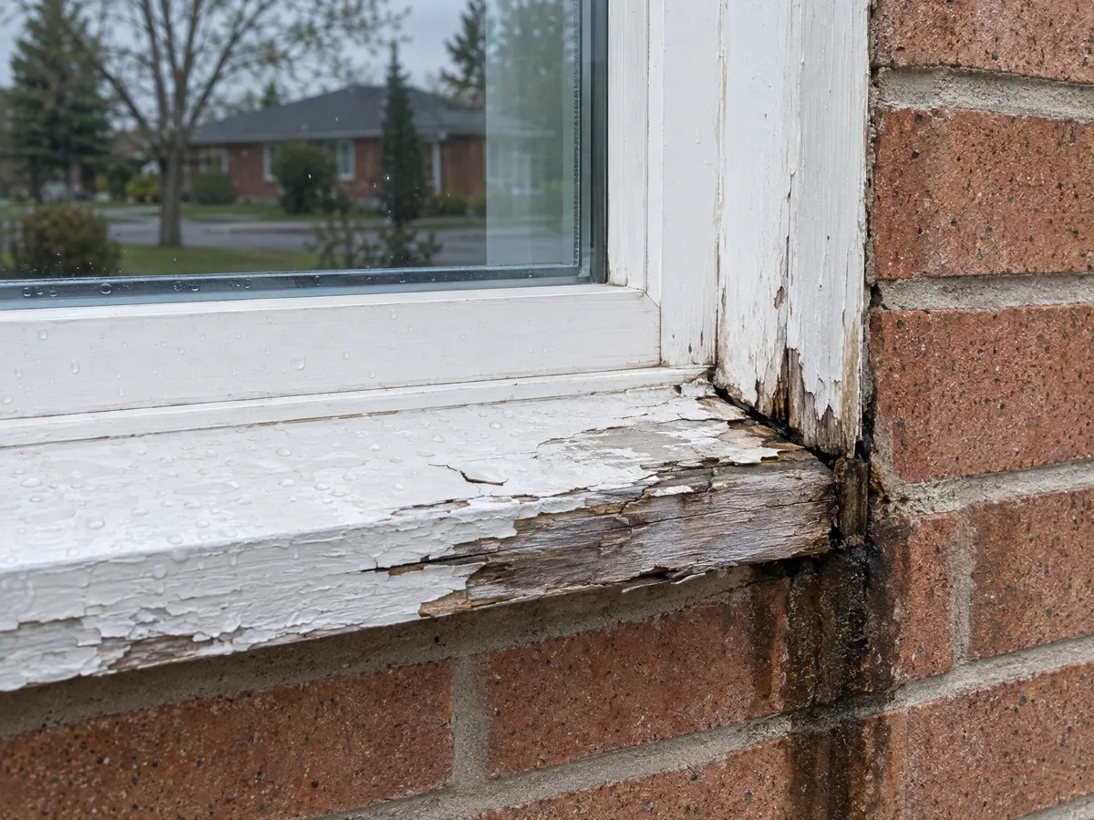 Close-up of a painted wood window sill with peeling paint and soft, split wood at the corner where it meets the brick, below a clear, intact pane