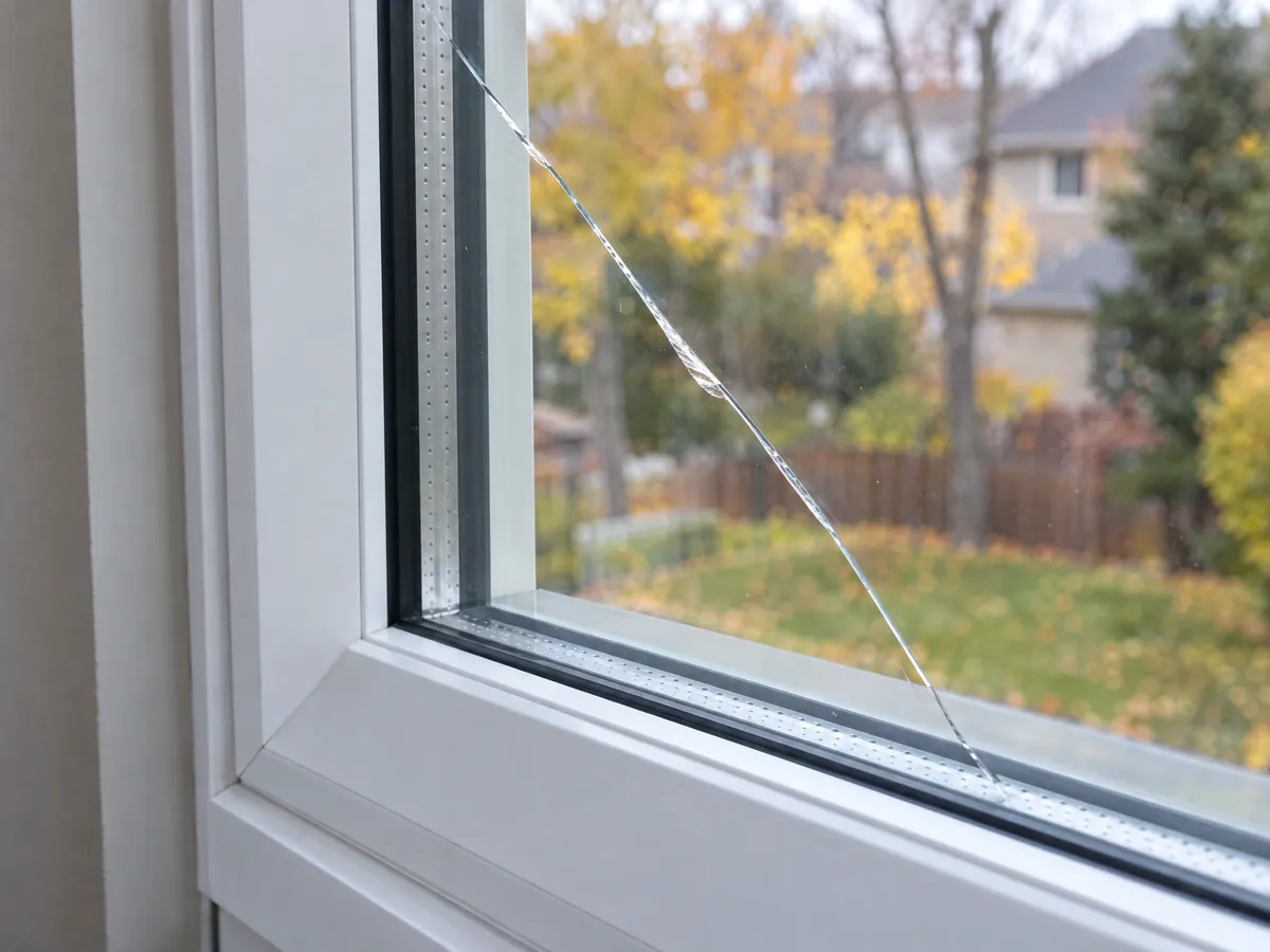 Close-up of a double-glazed window with a crack across the outer pane while the inner pane is still whole