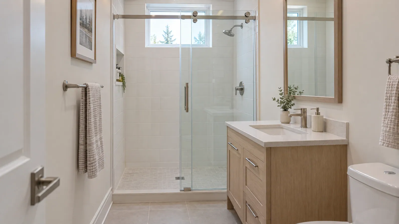 Narrow bathroom with a frameless sliding glass shower door on a roller bar and a wood vanity alongside