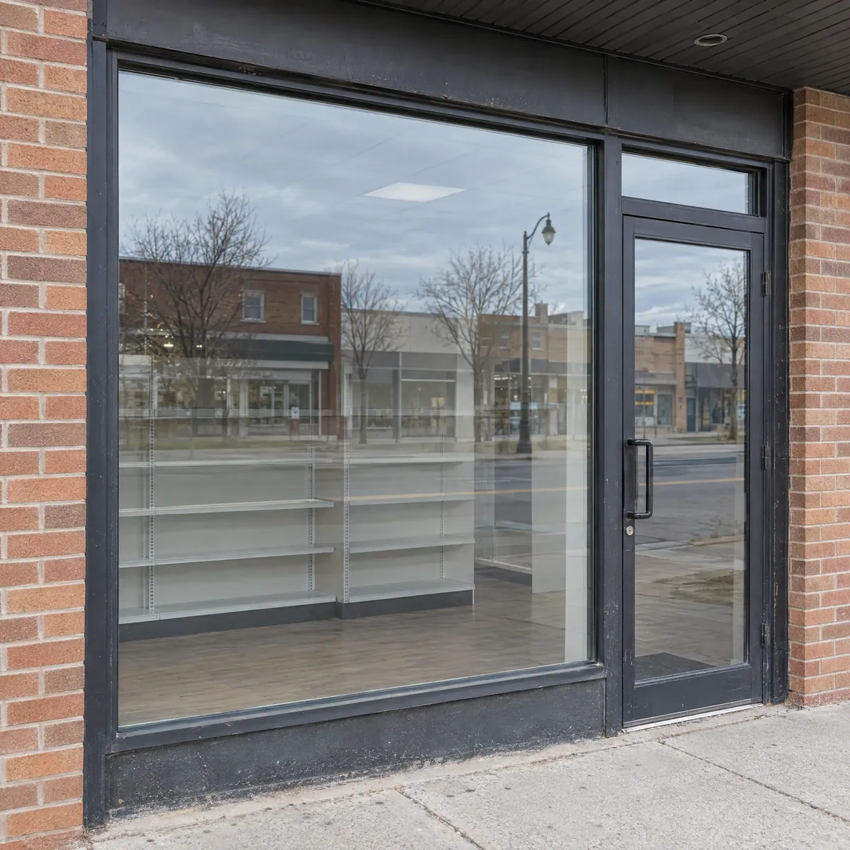 The same brick storefront with a clear display window showing the shelves, beside its black aluminum glass door