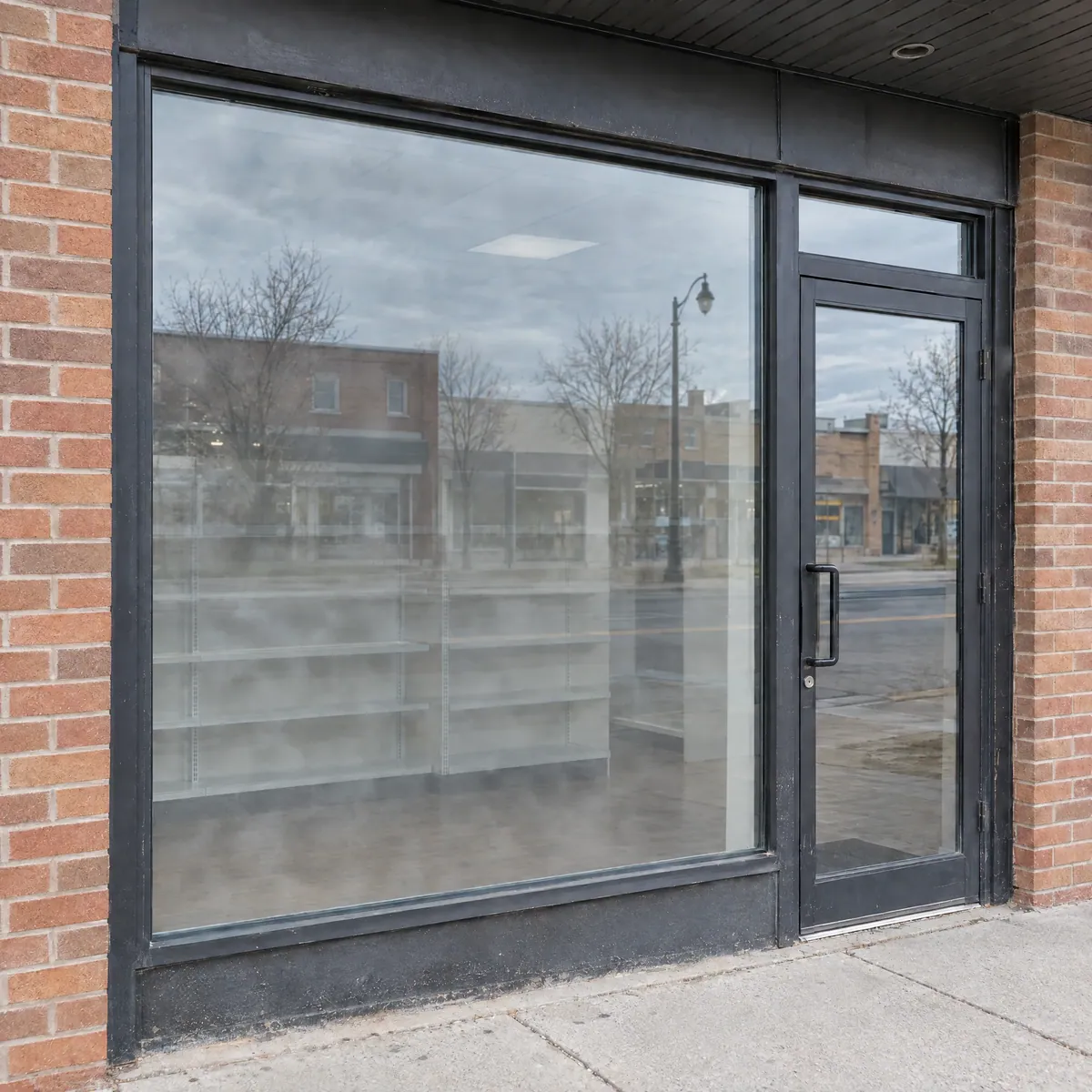 Brick storefront with a large display window fogged grey between the panes, hiding the shelves inside